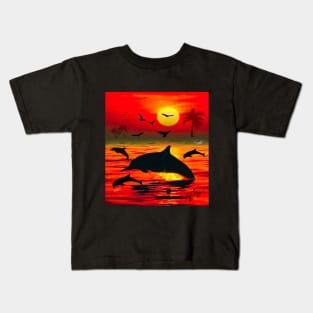 Dolphins And Birds At Sunset Kids T-Shirt